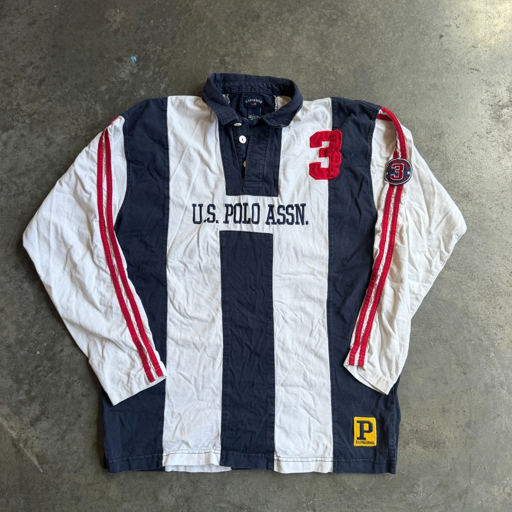 Vintage Y2K US Polo ASSN Striped Big Pony Style Rugby Shirt Long Sleeve Mens L